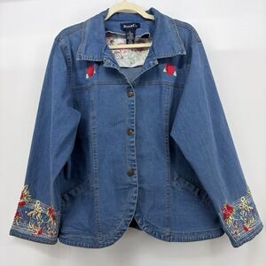 Denim & Co Size 1X Floral Embroidered Denim Jacket Red Roses Dark  Wash Blue
